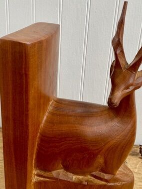 Teak Bookend with Gazelle Folk Art Sculpture. Hand Carved Wooden Art